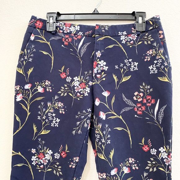 Stradivarius Pants Womens Navy Blue Chino Skinny Mid Rise Floral Slacks Cotton - Picture 5 of 12